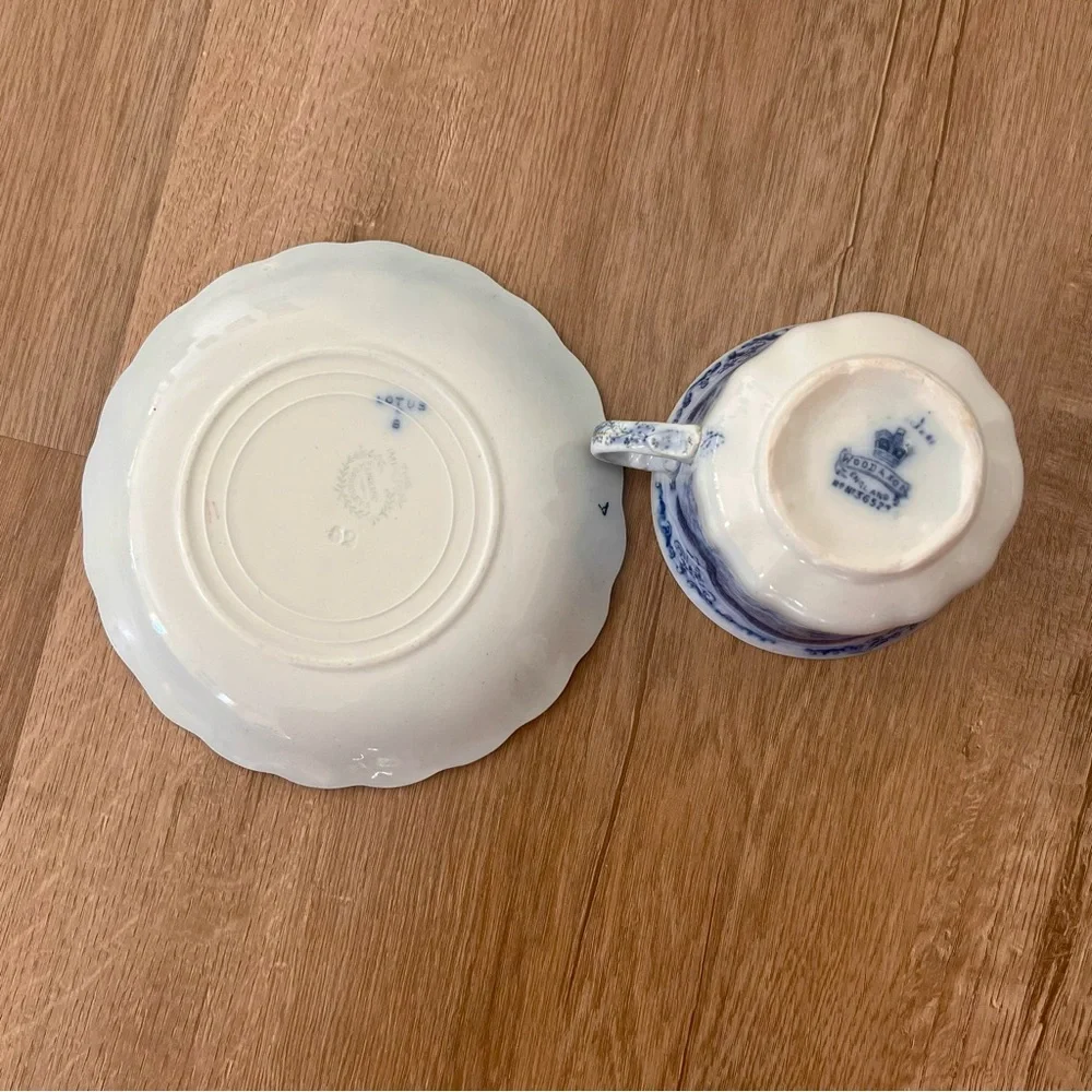 WOOD & SON CLARENCE- FLOW BLUE (c.1891-1907) CUP & SAUCER- Elgar Pattern Antique